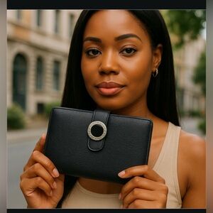 BVLGARI B Zero Bifold Grains Black Red Leather Long Wallet clutch authentic EUC